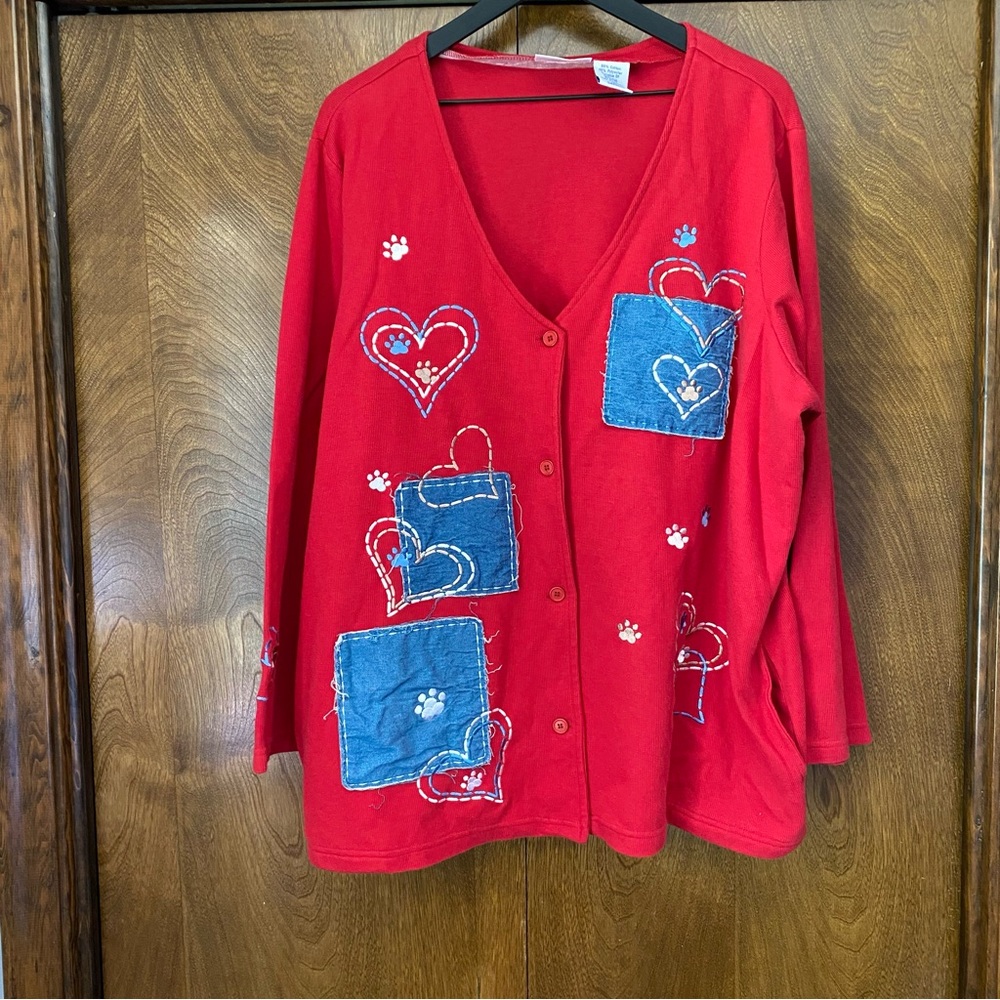 VTG 2XL Womens Dog Love Hearts Embroidered Red Long Sleeve Cardigan Cottage Gran